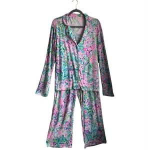 Lilly Pulitzer XL Floral Pajama Pj's Set Pink Green Wide Leg Pants Long Sleeve